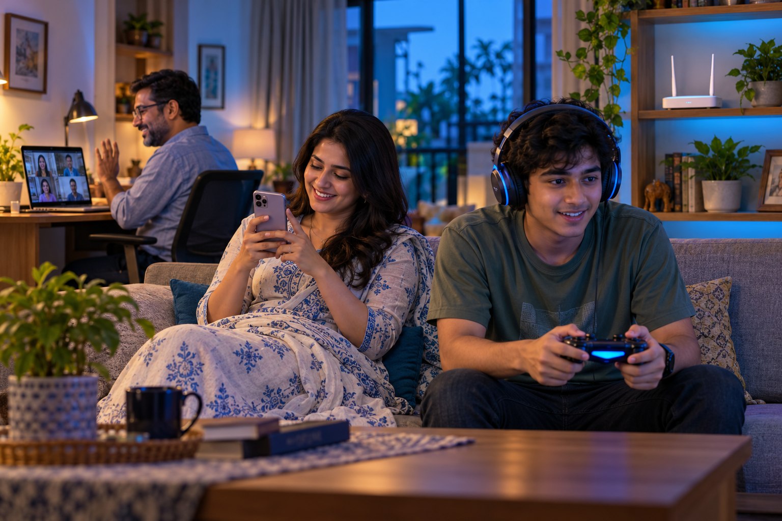 Illustration of people gaming, using social media, and making a video call at home.